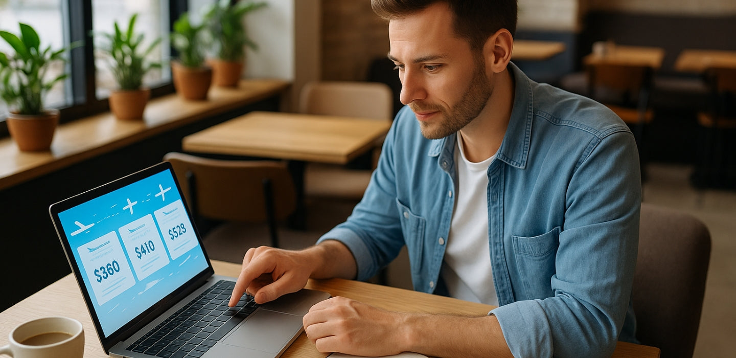 Homme qui compare les prix de vol pour voyager pas cher Image