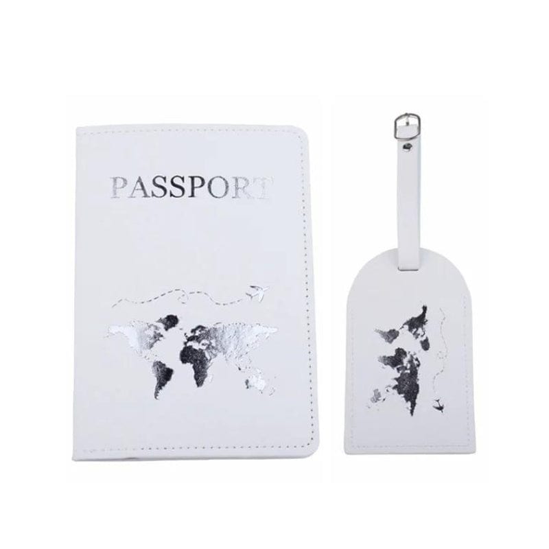 Blanc / Gravure Argentée Map Monde Etiquette Bagage Et Etui Passeport Univers du Voyage