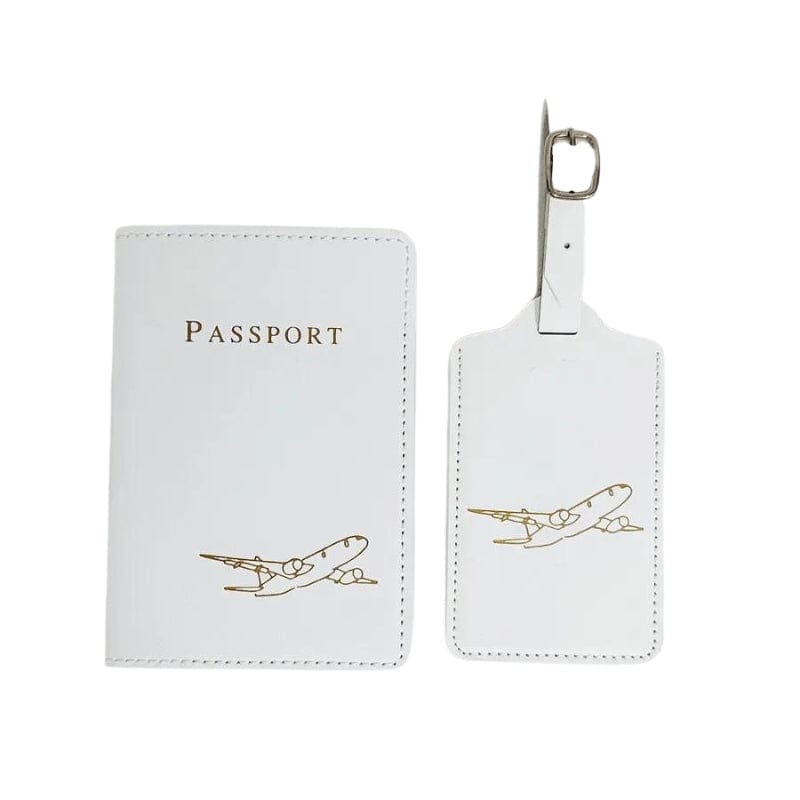 Blanc / Gravure Dorée Avion Etiquette Bagage Et Etui Passeport Univers du Voyage