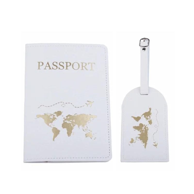 Blanc / Gravure Dorée Map Monde Etiquette Bagage Et Etui Passeport Univers du Voyage