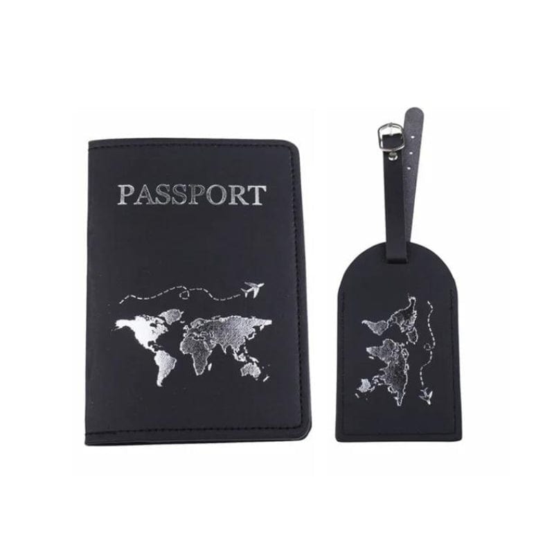 Noir / Gravure Argentée Map Monde Etiquette Bagage Et Etui Passeport Univers du Voyage