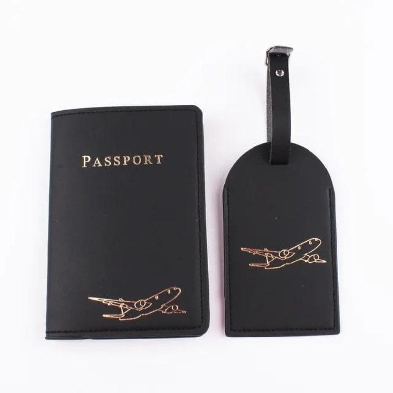 Noir / Gravure Dorée Avion Etiquette Bagage Et Etui Passeport Univers du Voyage
