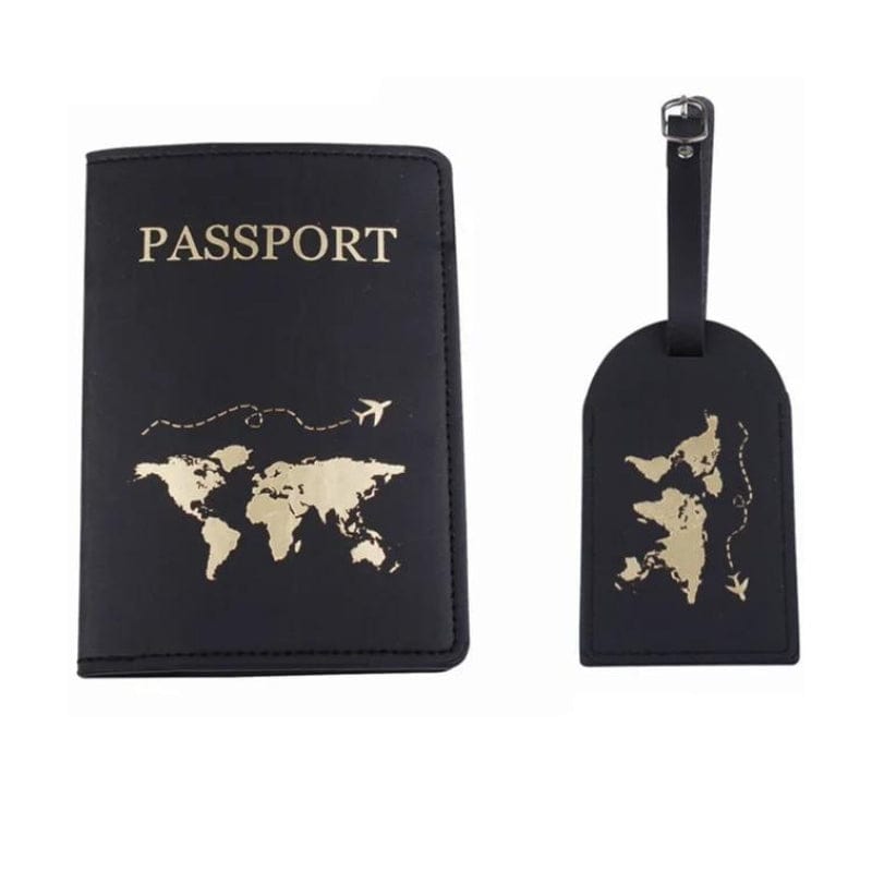Noir / Gravure Dorée Map Monde Etiquette Bagage Et Etui Passeport Univers du Voyage
