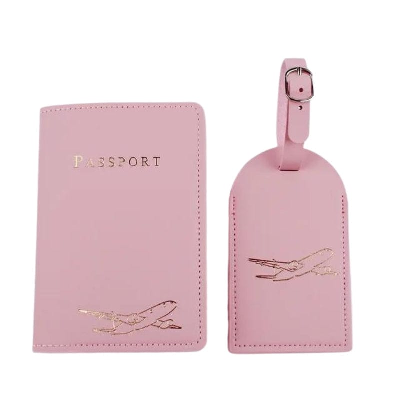 Rose / Gravure Dorée Avion Etiquette Bagage Et Etui Passeport Univers du Voyage