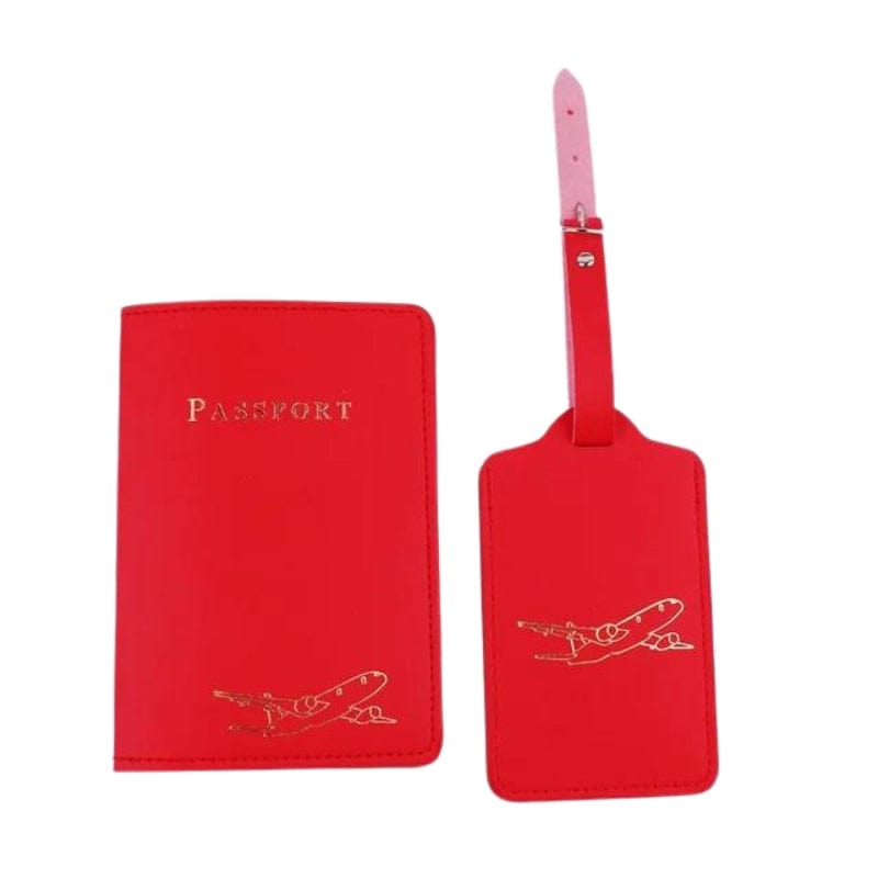 Rouge / Gravure Dorée Avion Etiquette Bagage Et Etui Passeport Univers du Voyage