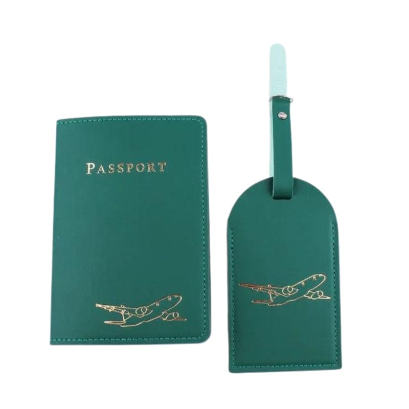 Vert / Gravure Dorée Avion Etiquette Bagage Et Etui Passeport Univers du Voyage