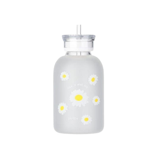 Blanc / Motif Cinq Fleurs Gourde En Verre Avec Paille Univers du Voyage