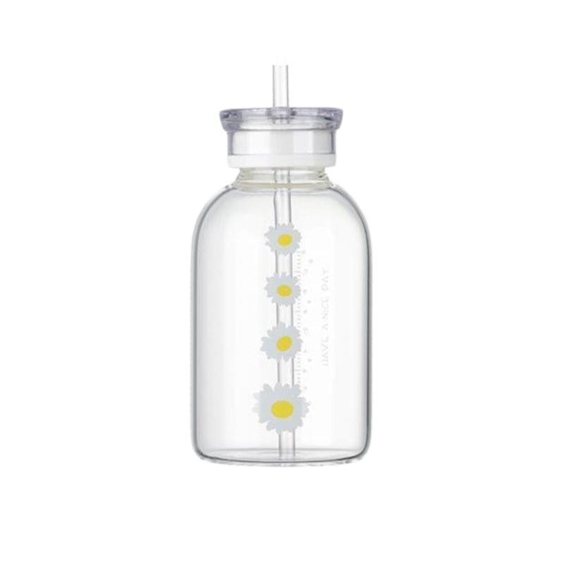 Transparent / Motif Quatre Fleurs Gourde En Verre Avec Paille Univers du Voyage