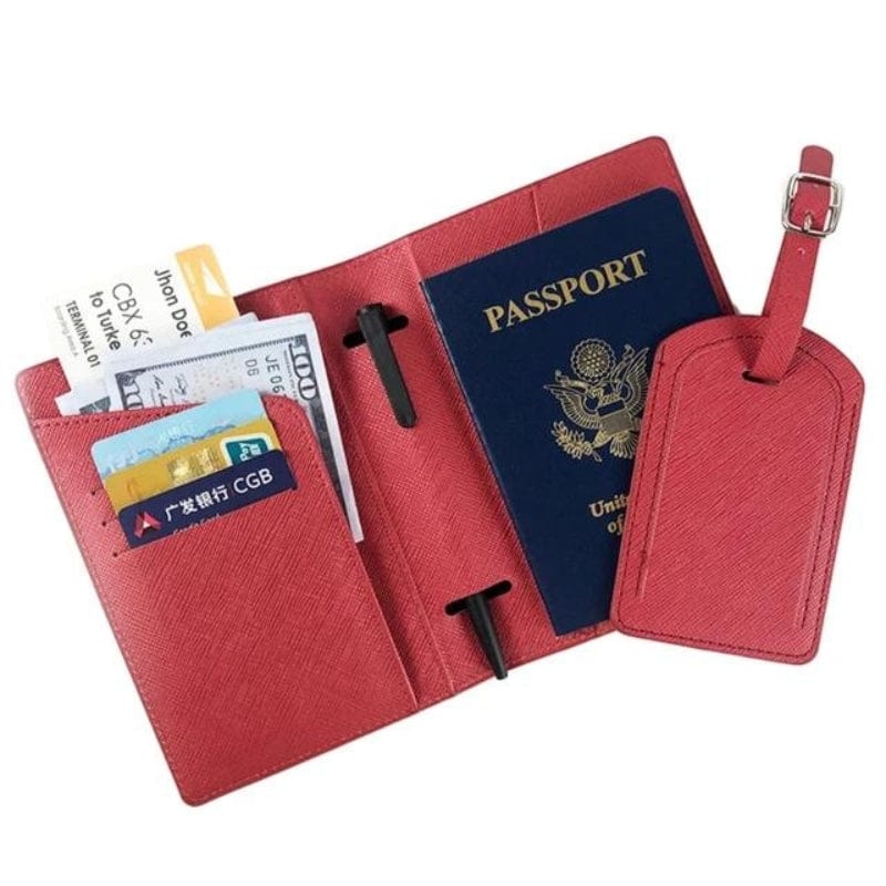Rouge Portefeuille pour Passeport et Voyage en Simili Univers du Voyage