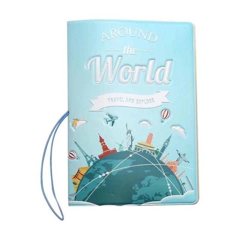 Bleu Ciel avec Dessin Protège Passeport Mignon Univers du Voyage